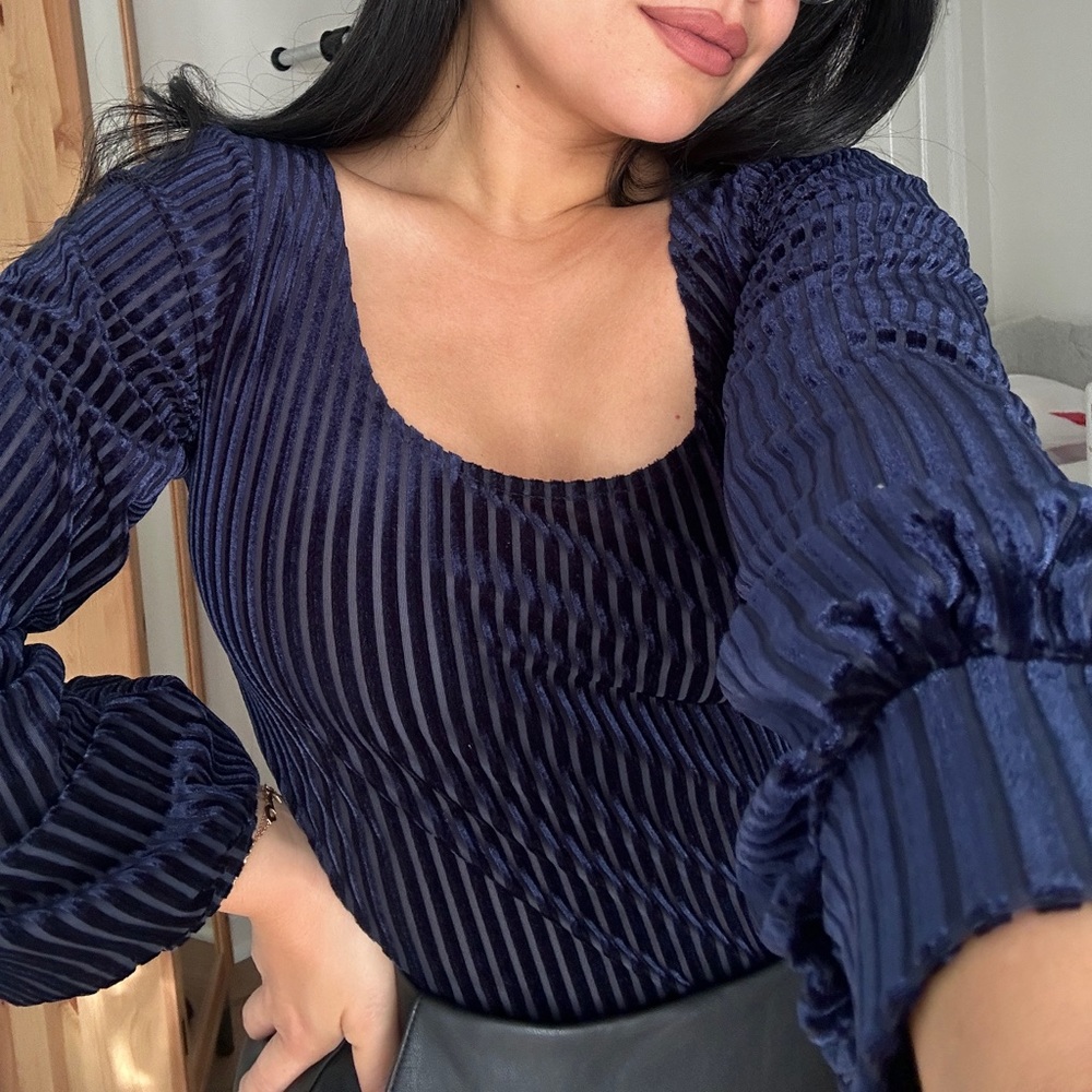 Velvet Navy Blue Long Sleeve Top